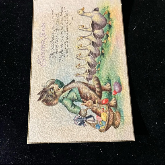 Postcard Anthropomorphic Ms Katinka Cat Easter Joys Basket Egg Bunny Ducks Humor - Picture 7 of 9